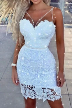 Lace Elegant Pearl Strap Mini Dress
