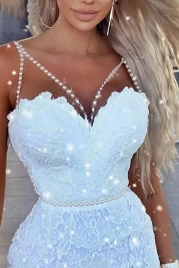 Lace Elegant Pearl Strap Mini Dress 2 Lace Elegant Pearl Strap Mini Dress - Image 2