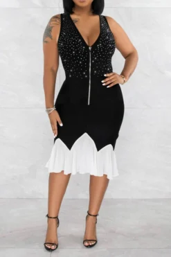 Rhinestone On-trend Hit Color Ruffle Hem Midi Dress