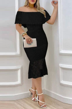 Lace Stunning Off Shoulder Ruffle Midi Dress 8 Lace Stunning Off Shoulder Ruffle Midi Dress -Prettytina H23033195 BK 1