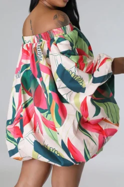 Floral Print Tropical Off Shoulder Bubble Mini Dress 9 Floral Print Tropical Off Shoulder Bubble Mini Dress -Prettytina H23040340 GR 2