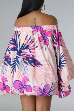 Floral Print Tropical Off Shoulder Bubble Mini Dress 7 Floral Print Tropical Off Shoulder Bubble Mini Dress -Prettytina H23040340 RR 3