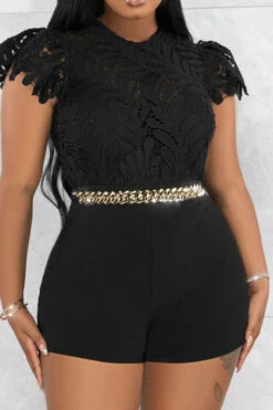 Leaf Pattern Lace Sweet Chain Decor Romper -Prettytina H23040357 BK 1