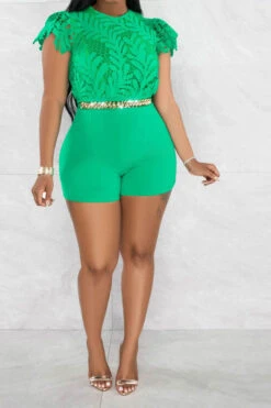 Leaf Pattern Lace Sweet Chain Decor Romper -Prettytina H23040357 GR 3