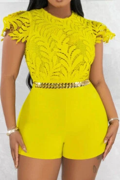 Leaf Pattern Lace Sweet Chain Decor Romper -Prettytina H23040357 YE 1