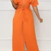 Solid Color Casual Lace-Up Cutout Wide Leg Jumpsuit