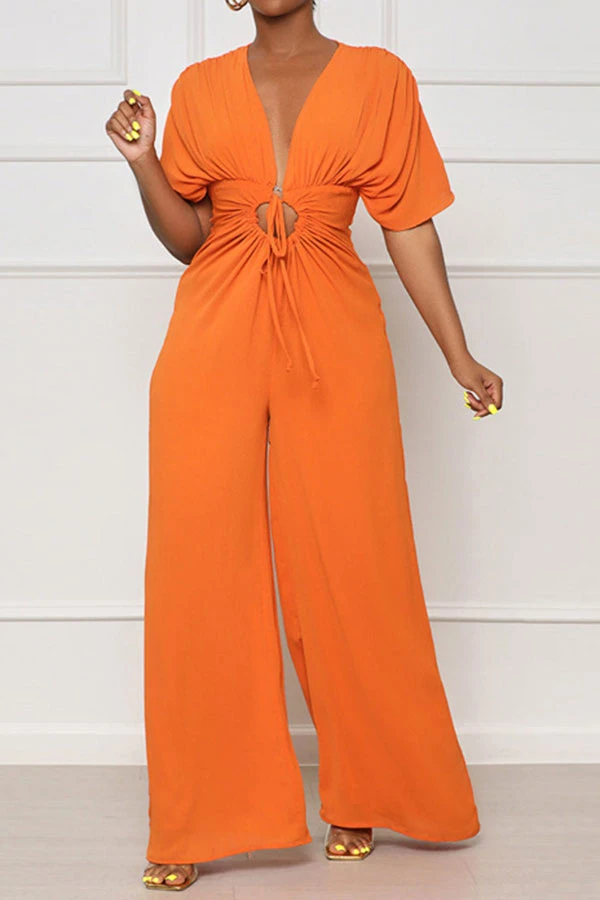 Solid Color Casual Lace-Up Cutout Wide Leg Jumpsuit 1 Solid Color Casual Lace-Up Cutout Wide Leg Jumpsuit