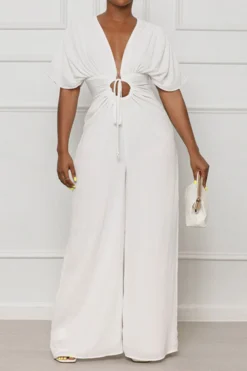 Solid Color Casual Lace-Up Cutout Wide Leg Jumpsuit 10 Solid Color Casual Lace-Up Cutout Wide Leg Jumpsuit -Prettytina H23040365 WH 1