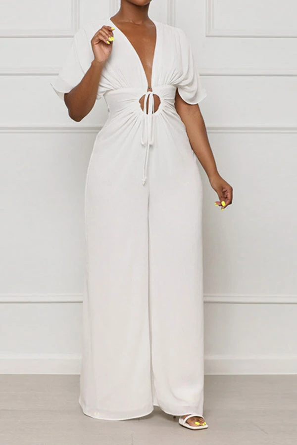 Solid Color Casual Lace-Up Cutout Wide Leg Jumpsuit 5 Solid Color Casual Lace-Up Cutout Wide Leg Jumpsuit - Image 5