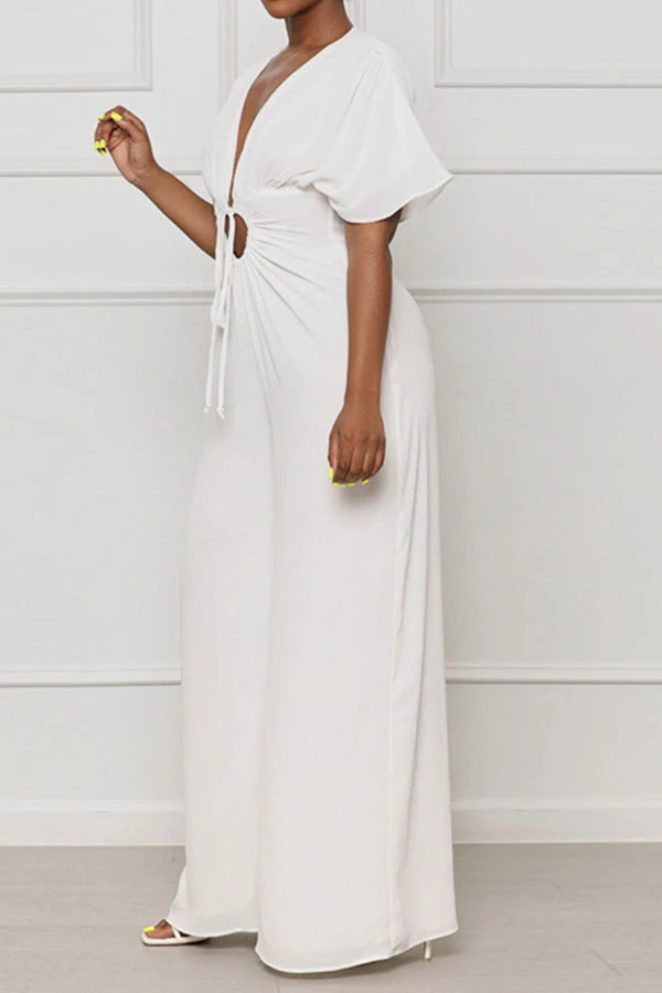 Solid Color Casual Lace-Up Cutout Wide Leg Jumpsuit 6 Solid Color Casual Lace-Up Cutout Wide Leg Jumpsuit - Image 6