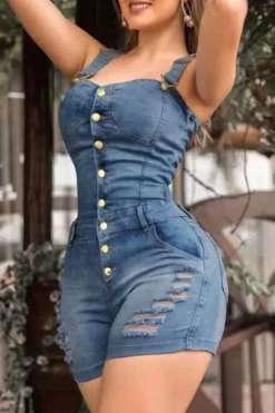 Ripped Feminine Button Thru Denim Suspenders Romper