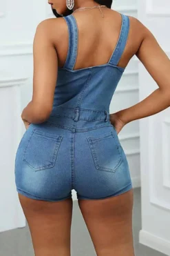 Ripped Feminine Button Thru Denim Suspenders Romper 8 Ripped Feminine Button Thru Denim Suspenders Romper -Prettytina H23040374 BL 4