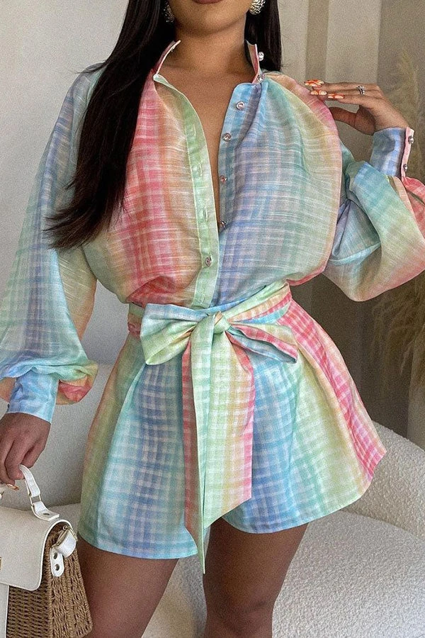 Gradient Checked Chic Lantern Sleeve Belted Romper 1 Gradient Checked Chic Lantern Sleeve Belted Romper
