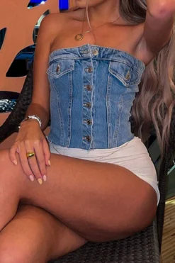 Solid Color Simple Button Thru Denim Camisole -Prettytina H23040385 BL 4