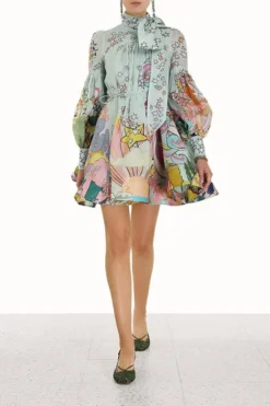 Cartoon Star Print Cute Pussy Bow Mini Dress -Prettytina H23041113 RT 2