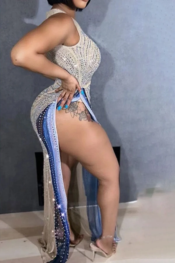 Rhinestone Party High Split See-Through Gradient Maxi Dress 4 Rhinestone Party High Split See-Through Gradient Maxi Dress - Image 4