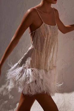 Sequined Patchwork Glamorous Feather Hem Mini Dress -Prettytina H23041122 WH 3