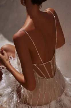 Sequined Patchwork Glamorous Feather Hem Mini Dress -Prettytina H23041122 WH 4