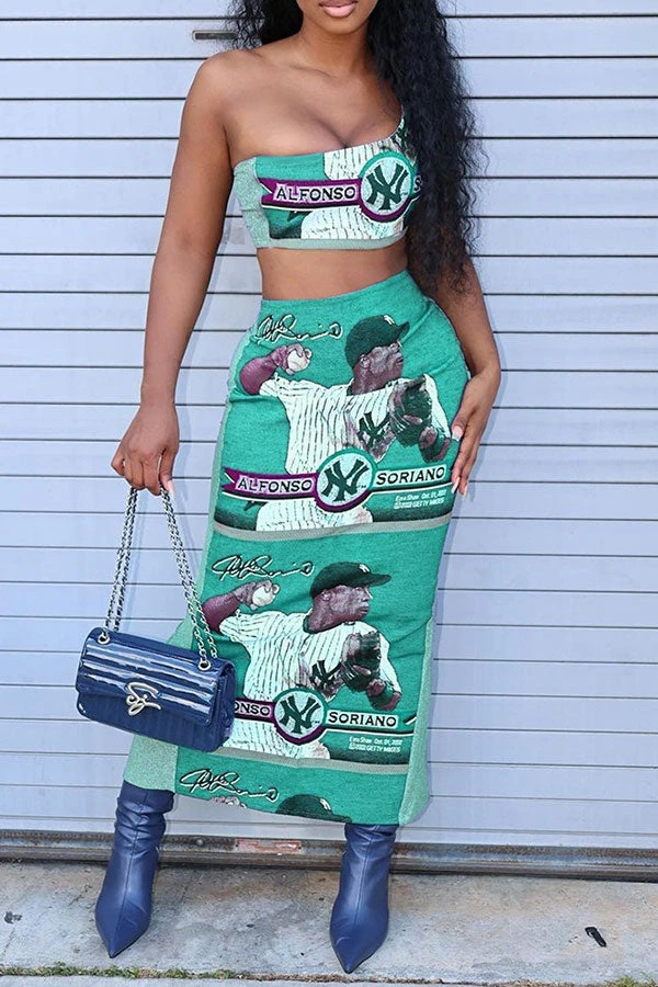 Cartoon Baseball Print Smart One Shoulder Dress Suit 5 Cartoon Baseball Print Smart One Shoulder Dress Suit - Image 5