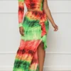 Tie Dye Colorful Ruffle Asymmetric Maxi Dress