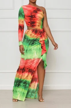 Tie Dye Colorful Ruffle Asymmetric Maxi Dress