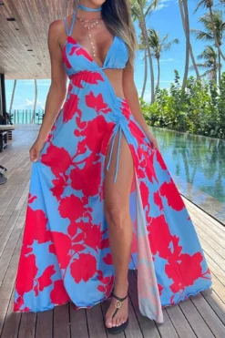 Floral Print Unique Lace-Up Asymmetric Maxi Dress