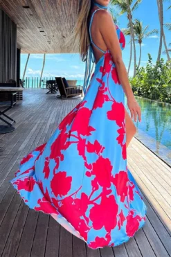Floral Print Unique Lace-Up Asymmetric Maxi Dress -Prettytina H23041184 RT 3