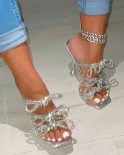 Rhinestone Bowknot Design Pretty Square Toe Sandals