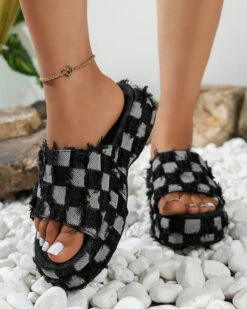 Checked Burrs Urban Chunky Sandals -Prettytina H23041472 BK 1