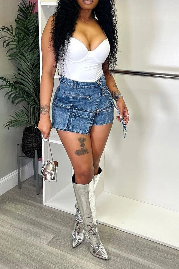 Solid Color Cool Multi Pocket Irregular Denim Shorts 1 Solid Color Cool Multi Pocket Irregular Denim Shorts