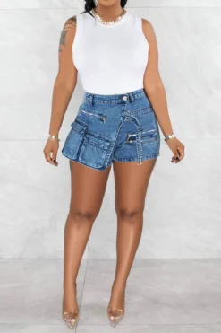 Solid Color Cool Multi Pocket Irregular Denim Shorts 9 Solid Color Cool Multi Pocket Irregular Denim Shorts -Prettytina H23041913 BL 4