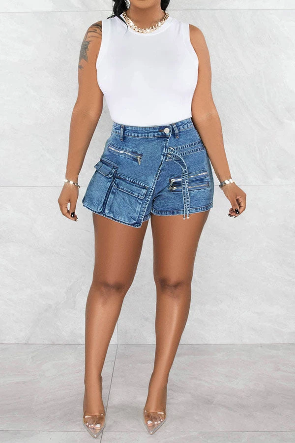 Solid Color Cool Multi Pocket Irregular Denim Shorts 4 Solid Color Cool Multi Pocket Irregular Denim Shorts - Image 4