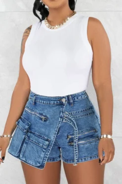 Solid Color Cool Multi Pocket Irregular Denim Shorts 11 Solid Color Cool Multi Pocket Irregular Denim Shorts -Prettytina H23041913 BL 6