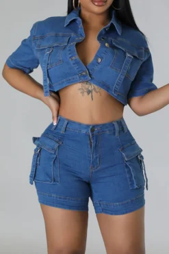 Solid Color Modern Multi Pocket Denim Pant Suit