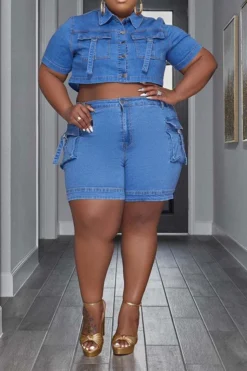 Solid Color Modern Multi Pocket Denim Pant Suit -Prettytina H23041923 BL 6