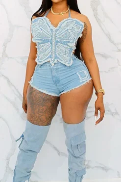 Butterfly-Shaped Rhinestone Trim Hot Denim Pant Suit -Prettytina H23041925 BL 4