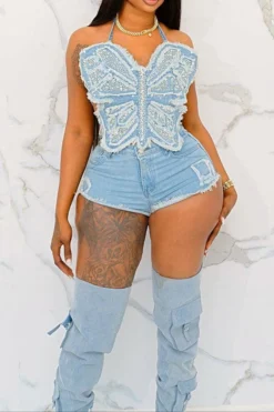 Butterfly-Shaped Rhinestone Trim Hot Denim Pant Suit -Prettytina H23041925 BL 5