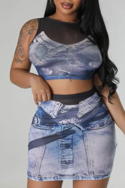 Denim Print Party Bodycon Dress Suit