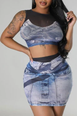 Denim Print Party Bodycon Dress Suit -Prettytina H23041928 BL 3