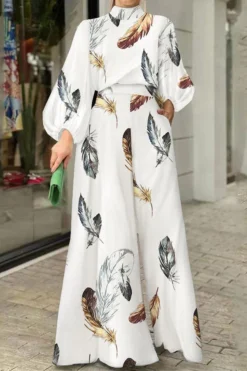 Feather Print Chic Tie Back Wide Leg Jumpsuit