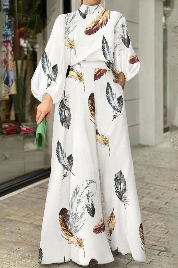 Feather Print Chic Tie Back Wide Leg Jumpsuit 1 Feather Print Chic Tie Back Wide Leg Jumpsuit