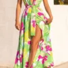 Floral Print Tropical Belted High Split Maxi Dress