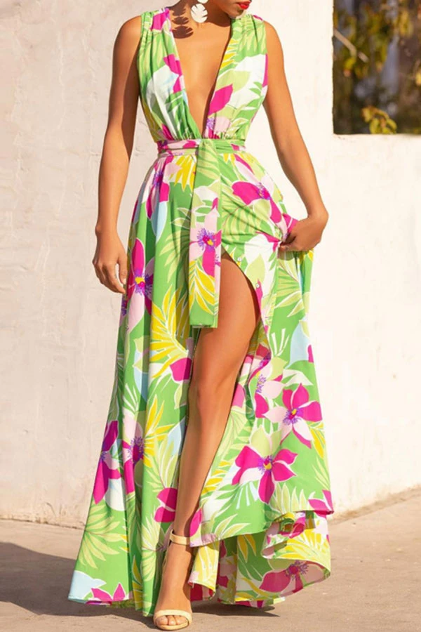 Floral Print Tropical Belted High Split Maxi Dress 1 Floral Print Tropical Belted High Split Maxi Dress