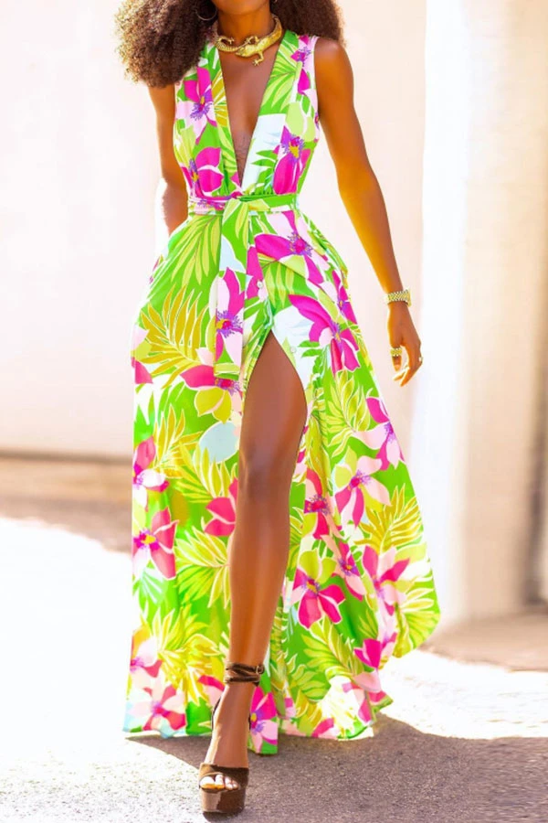 Floral Print Tropical Belted High Split Maxi Dress 2 Floral Print Tropical Belted High Split Maxi Dress - Image 2