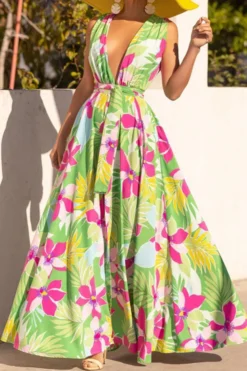 Floral Print Tropical Belted High Split Maxi Dress 7 Floral Print Tropical Belted High Split Maxi Dress -Prettytina H23041945 RT 4