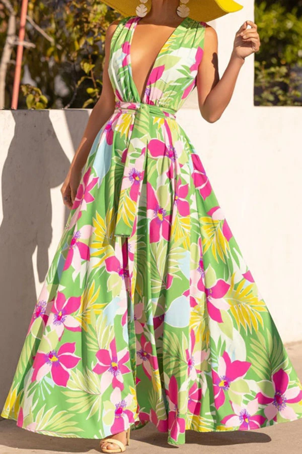 Floral Print Tropical Belted High Split Maxi Dress 4 Floral Print Tropical Belted High Split Maxi Dress - Image 4
