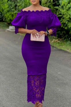 Lace Patchwork Elegant Off Shoulder Midi Dress 22 Lace Patchwork Elegant Off Shoulder Midi Dress -Prettytina H23041963 PU 1