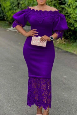 Lace Patchwork Elegant Off Shoulder Midi Dress 23 Lace Patchwork Elegant Off Shoulder Midi Dress -Prettytina H23041963 PU 2