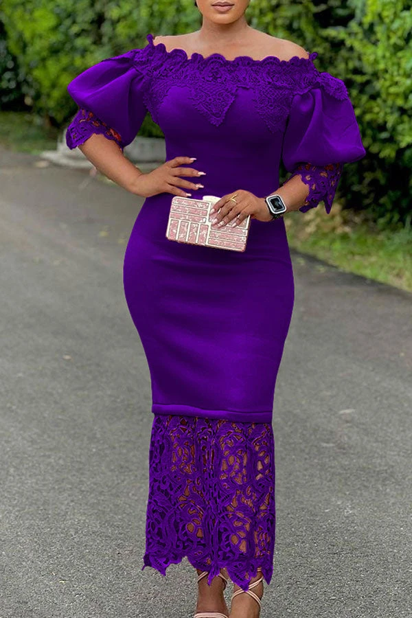 Lace Patchwork Elegant Off Shoulder Midi Dress 12 Lace Patchwork Elegant Off Shoulder Midi Dress - Image 12