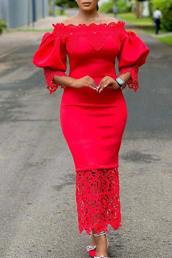 Lace Patchwork Elegant Off Shoulder Midi Dress 3 Lace Patchwork Elegant Off Shoulder Midi Dress - Image 3